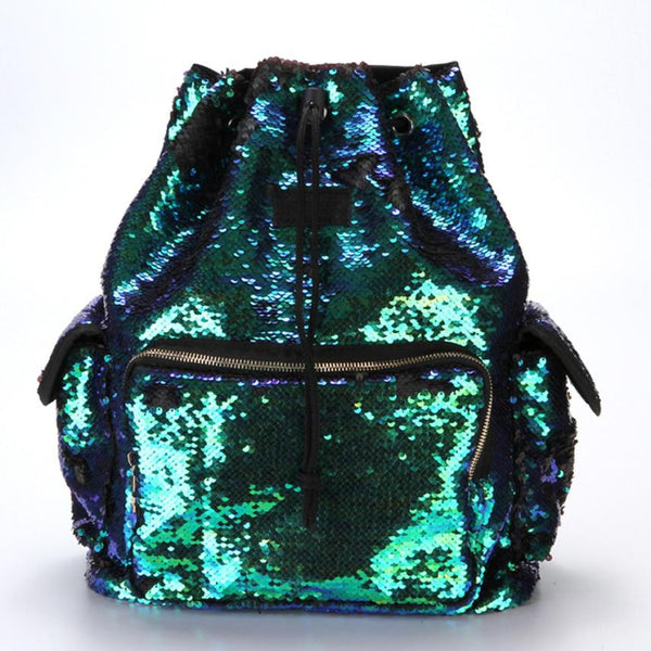 Women pu Leather Double Color Sequins Backpack
